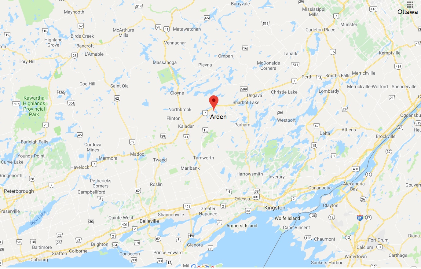 Map showing Arden, Ontario
