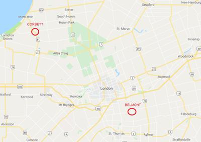 Map showing big cat sightings near London, Ontario
