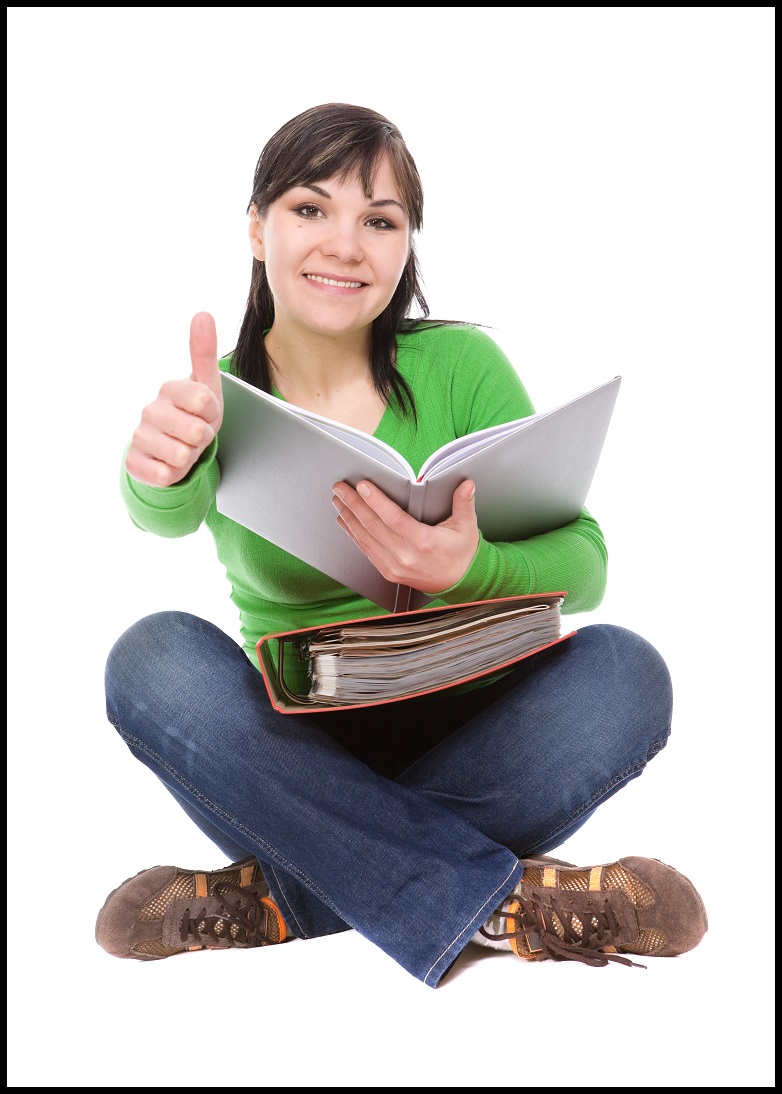 happy home school girl in green shirt giving thumbs up holding her books