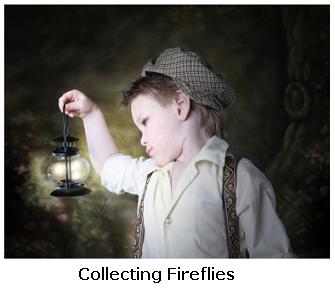 Boy wearing a hat collecting Fireflies in a jar
