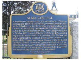 Alma College historic plaque, St Thomas, Ontario