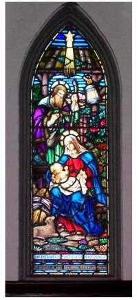 Virgin Mary with baby Jesus, Stained Glass Church window, St Thomas Ontario