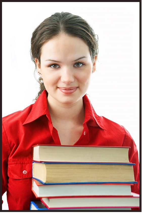 Happy homeschool teen carrying her books for studying